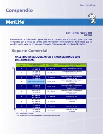 CALENDARIO DE LIQUIDACION Y PAGO DE BONOS 2008 - MetLife