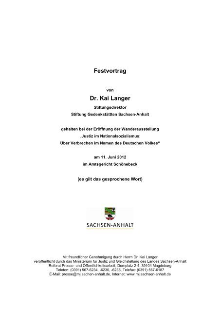 Festvortrag von Dr. Kai Langer, Stiftungsdirektor der Stiftung ...