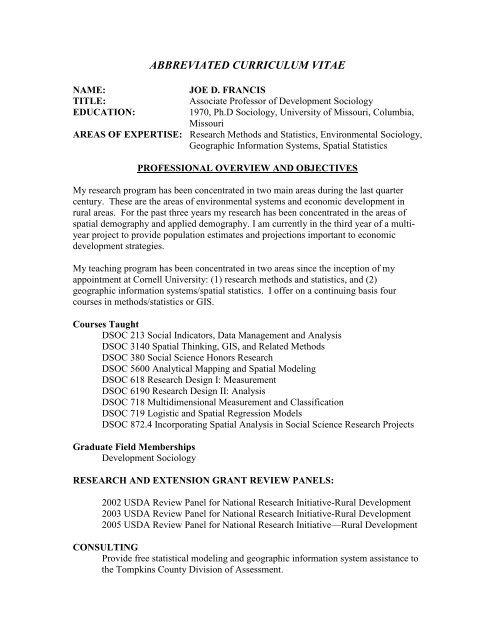 Cv Example Cornell CV - Department of Development Sociology - Cornell University
