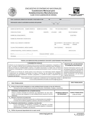 Cuestionario mensual para establecimientos manufactureros - Inegi