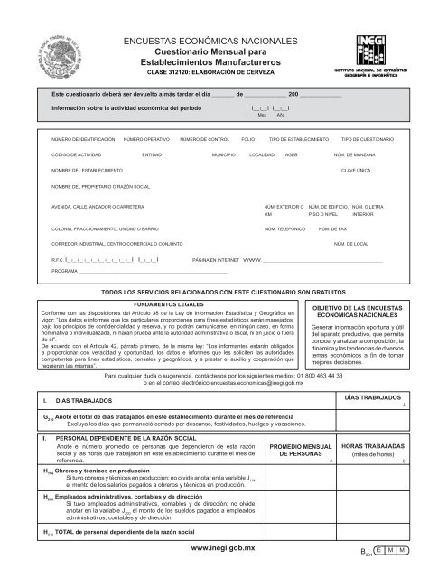 Cuestionario mensual para establecimientos manufactureros - Inegi