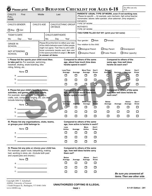 CHILD BEHAVIOR CHECKLIST FOR AGES 6 18 Aseba