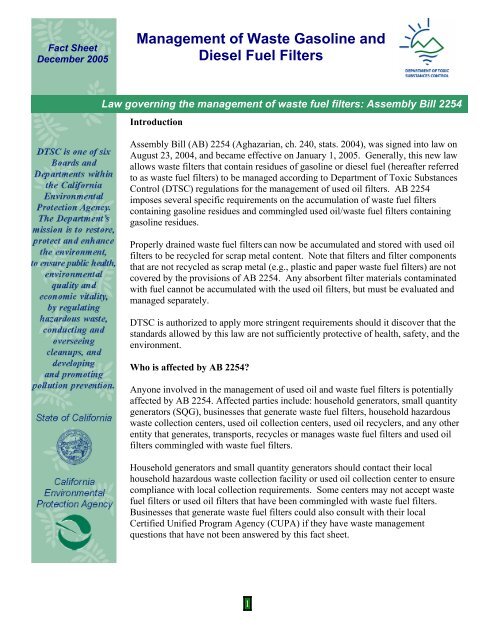 Management of Waste Gasoline and Diesel Fuel Filters