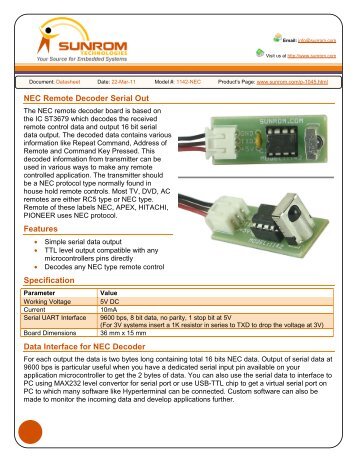 NEC Remote Decoder Serial Out Features Specification Data ...