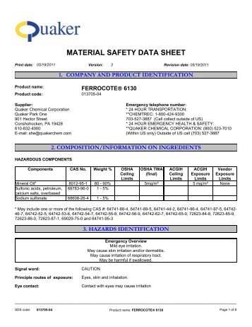 MATERIAL SAFETY DATA SHEET - Quaker Chemical Corporation