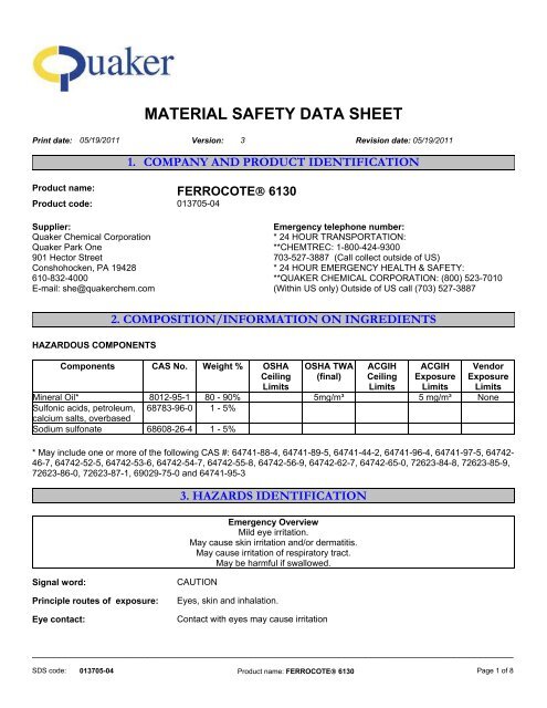 MATERIAL SAFETY DATA SHEET - Quaker Chemical Corporation