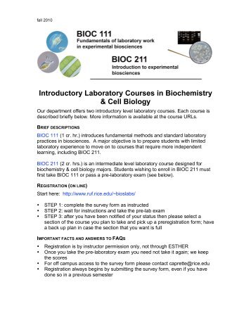 Introductory Laboratory Courses in Biochemistry ... - Rice University