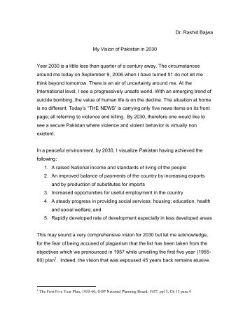 Dr. Rashid Bajwa My Vision of Pakistan in 2030 Year 2030 is a little ...