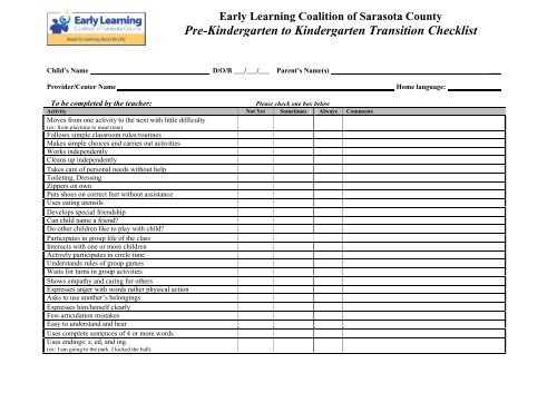 Pre-Kindergarten to Kindergarten Transition Checklist