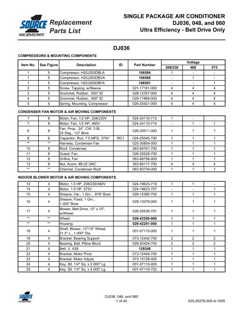 Replacement Parts List