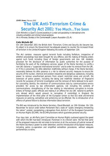 The UK Anti-Terrorism Crime & Security Act 2001 - Commonwealth ...