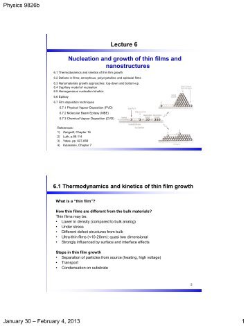 Lecture 6 Nucleation and growth of thin films and nanostructures