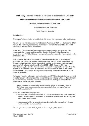 TDA presentation to the IRU Page 1 of 14 19 July 2009 TAFE today ...