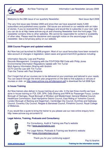 Act Now Training Ltd Information Law Newsletter January 2008 ...