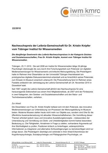 Nachwuchspreis der Leibniz-Gemeinschaft fÃ¼r Dr. Kristin Knipfer ...