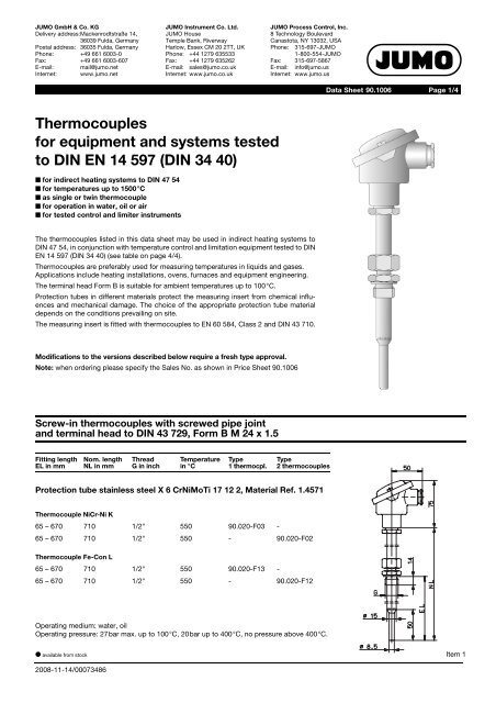 Thermocouples for equipment and systems tested to DIN EN ... - Jumo