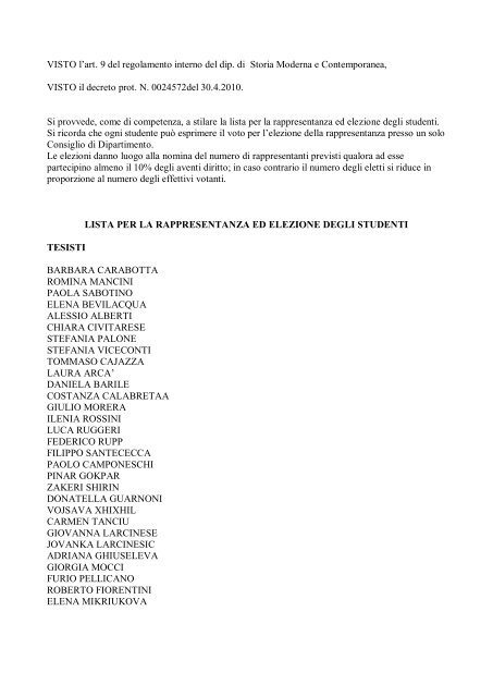 lista tesisti rappresentanza ed elezione degli studenti - FacoltÃ  di ...