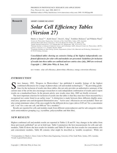 Solar cell efficiency tables (version 27) - ResearchGate