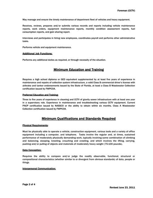 Toho Water Authority Classification Description