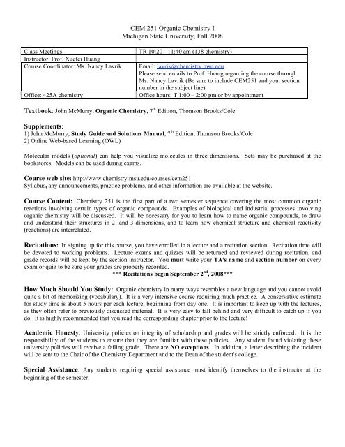 CEM 251 Organic Chemistry I Michigan State University, Fall 2008 ...