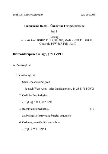 Drittwiderspruchsklage, § 771 ZPO - Prof. Dr. Rainer Schröder