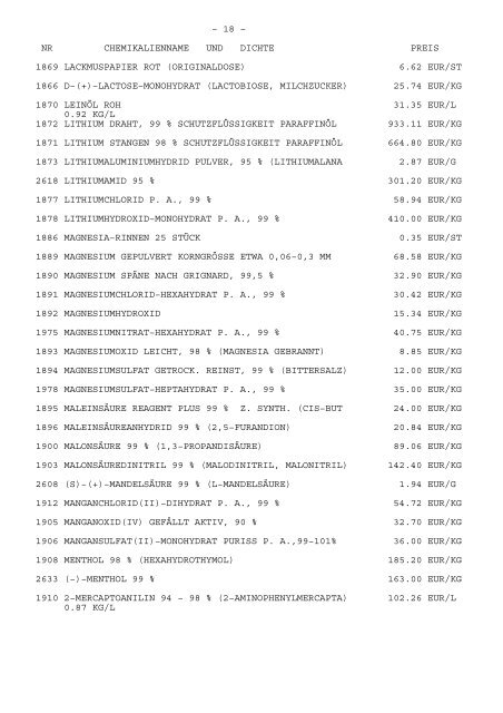 Chemikalienliste - Fachbereich Chemie - Universität Kaiserslautern