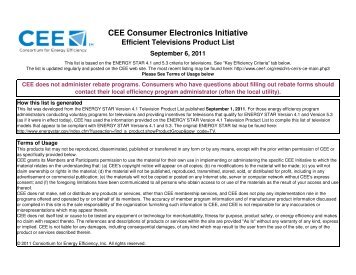 CEE Efficient Televisions Product List September 06, 2011