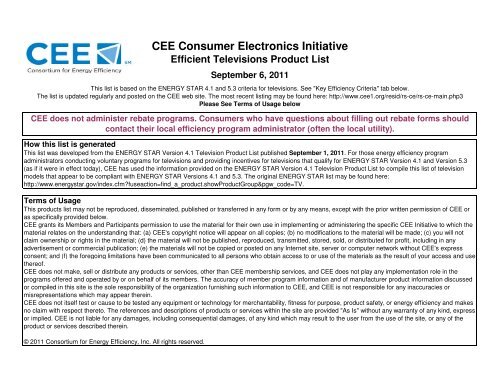 CEE Efficient Televisions Product List September 06, 2011