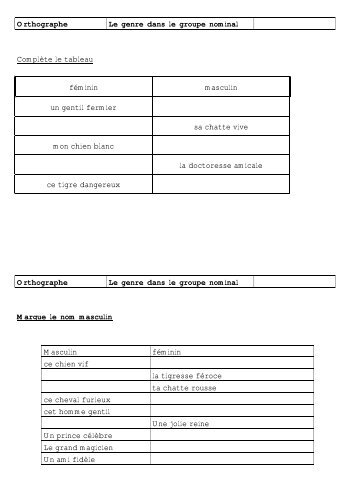 Orthographe Le genre dans le groupe nominal ComplÃ¨te le tableau ...