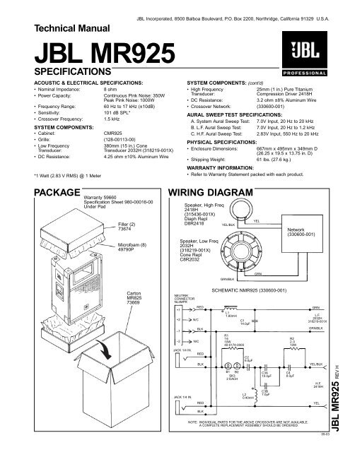 Technical Manual JBL MR925 SPECIFICATIONS