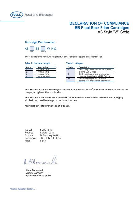 Cartridge Compliance Chart