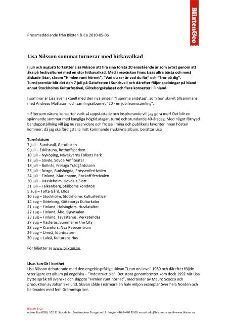 Lisa Nilsson sommarturnerar med hitkavalkad - Blixten & Co