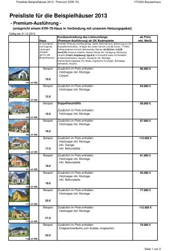 Preisliste fÃ¼r die BeispielhÃ¤user 2013 - Ytong Bausatzhaus GmbH