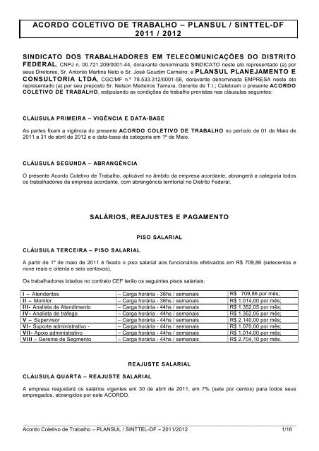 acordo coletivo de trabalho â plansul / sinttel-df 2011 / 2012