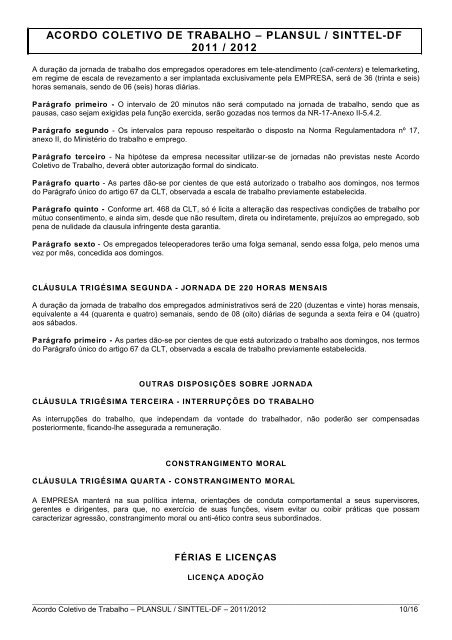 acordo coletivo de trabalho â plansul / sinttel-df 2011 / 2012