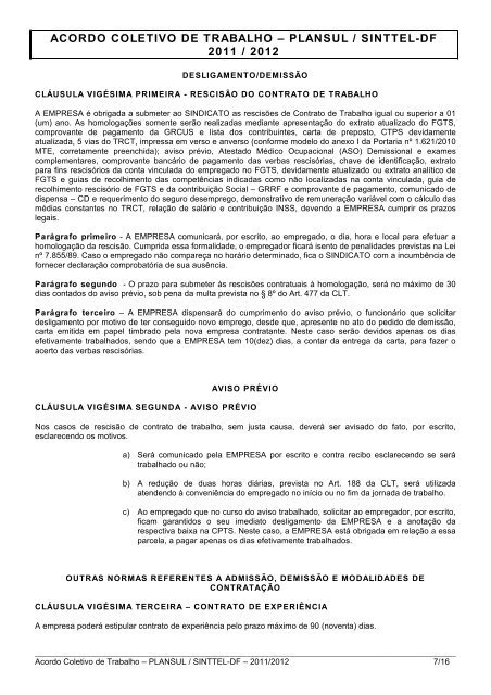 acordo coletivo de trabalho â plansul / sinttel-df 2011 / 2012