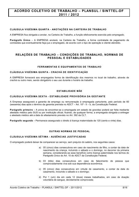 acordo coletivo de trabalho â plansul / sinttel-df 2011 / 2012