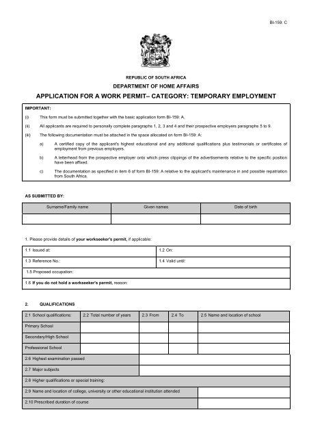 application for a work permitÃ¢Â€Â“ category: temporary ... - South Africa