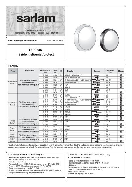 Fiche Technique F00083FR-01-OLERON Residentiel ... - Sarlam