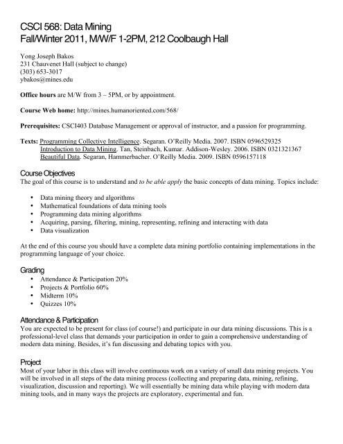 CSCI568 Data Mining Syllabus - Yong Joseph Bakos