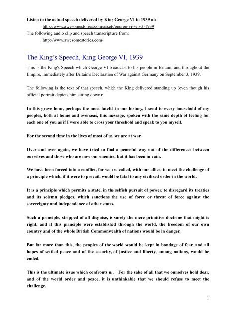 The King's Speech Transcript for King George VI