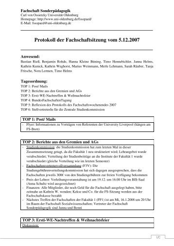 Protokoll der Fachschaft Sonderpädagogik 5.12.07