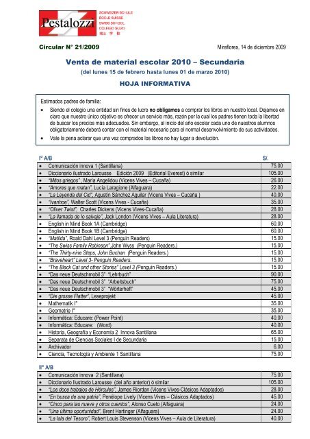 Venta de material escolar 2010 – Secundaria - Colegio Pestalozzi