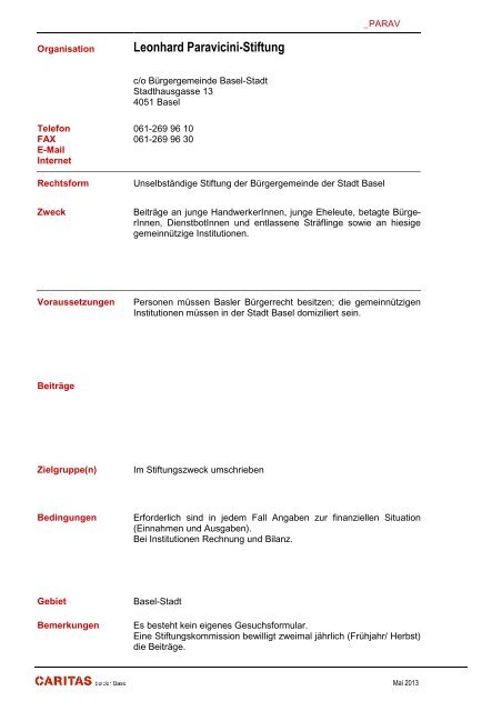 Stiftung - Caritas beider Basel