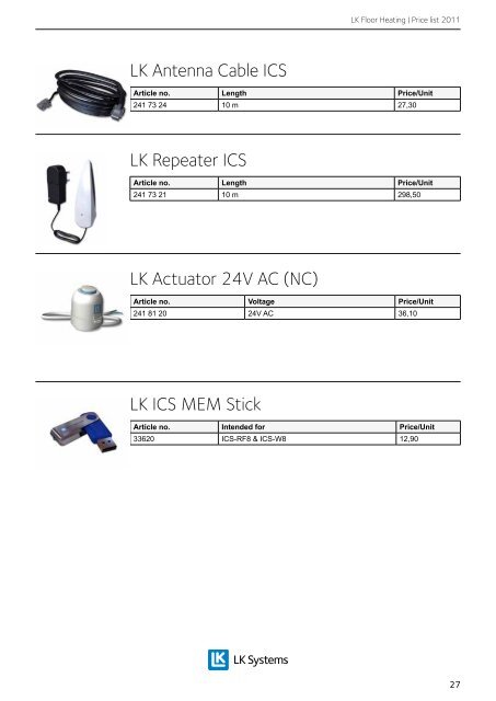 LK Floor Heating Price list 2011 - LK Systems AB