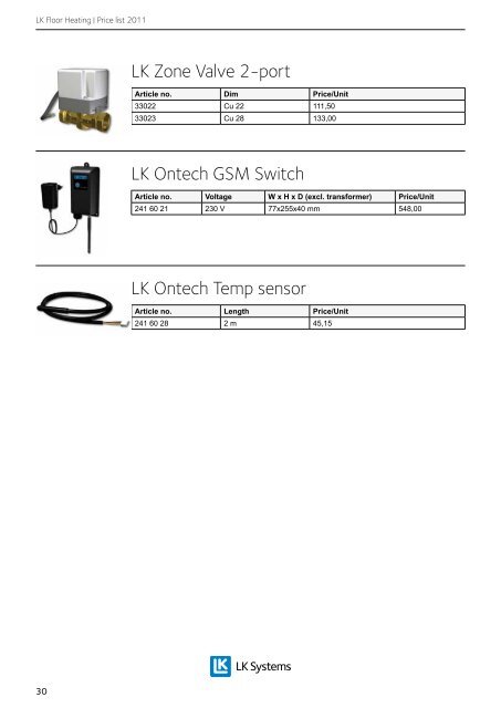 LK Floor Heating Price list 2011 - LK Systems AB