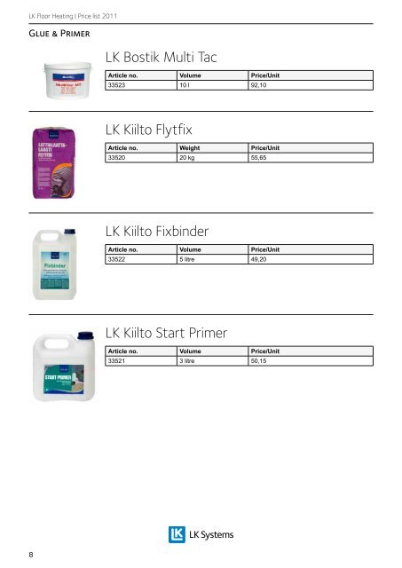 LK Floor Heating Price list 2011 - LK Systems AB