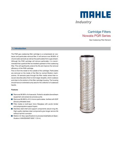 Data Sheet PGR Coalescing - MAHLE Industry - Filtration