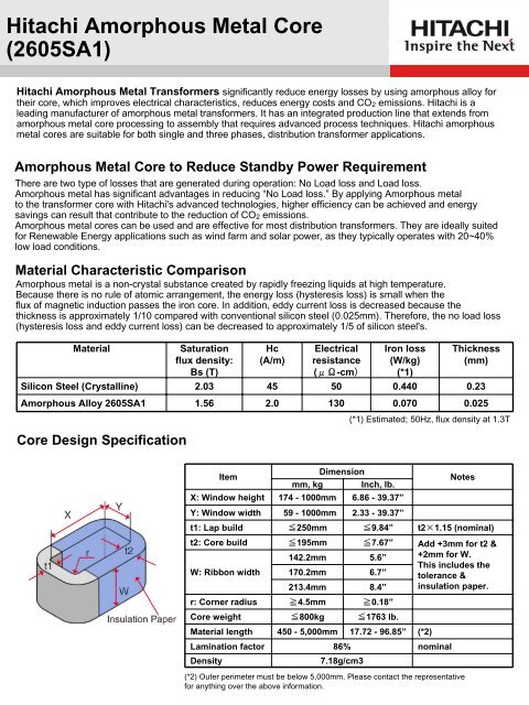 Amorphous Metal Core Spec Sheet SA1 - Hitachi America, Ltd.