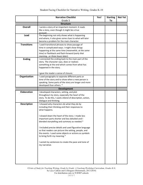 Student Facing Checklists for Narrative Writing